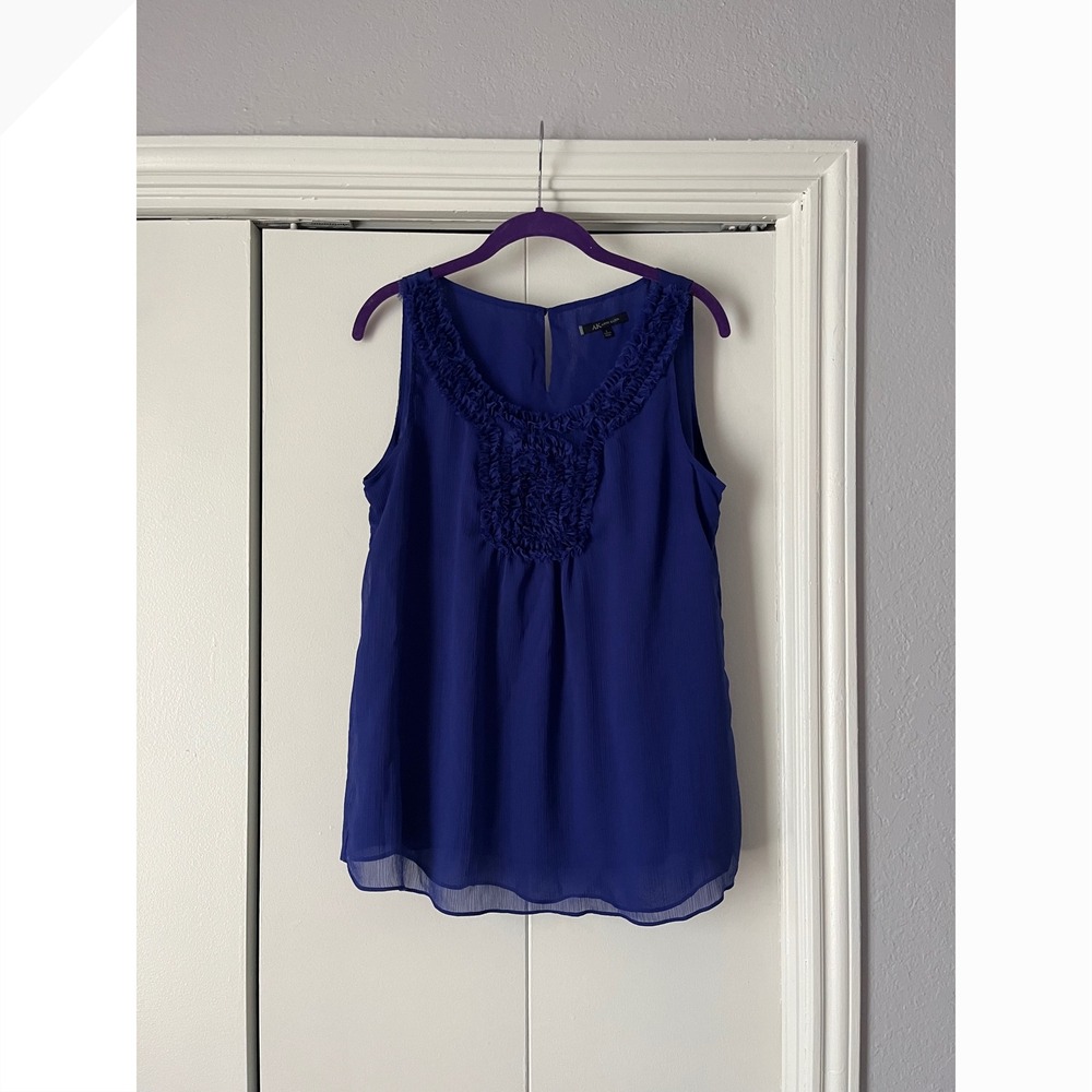 AK Anne Klein Royal Blue Sleeveless Ruffle Neck Blouse Top